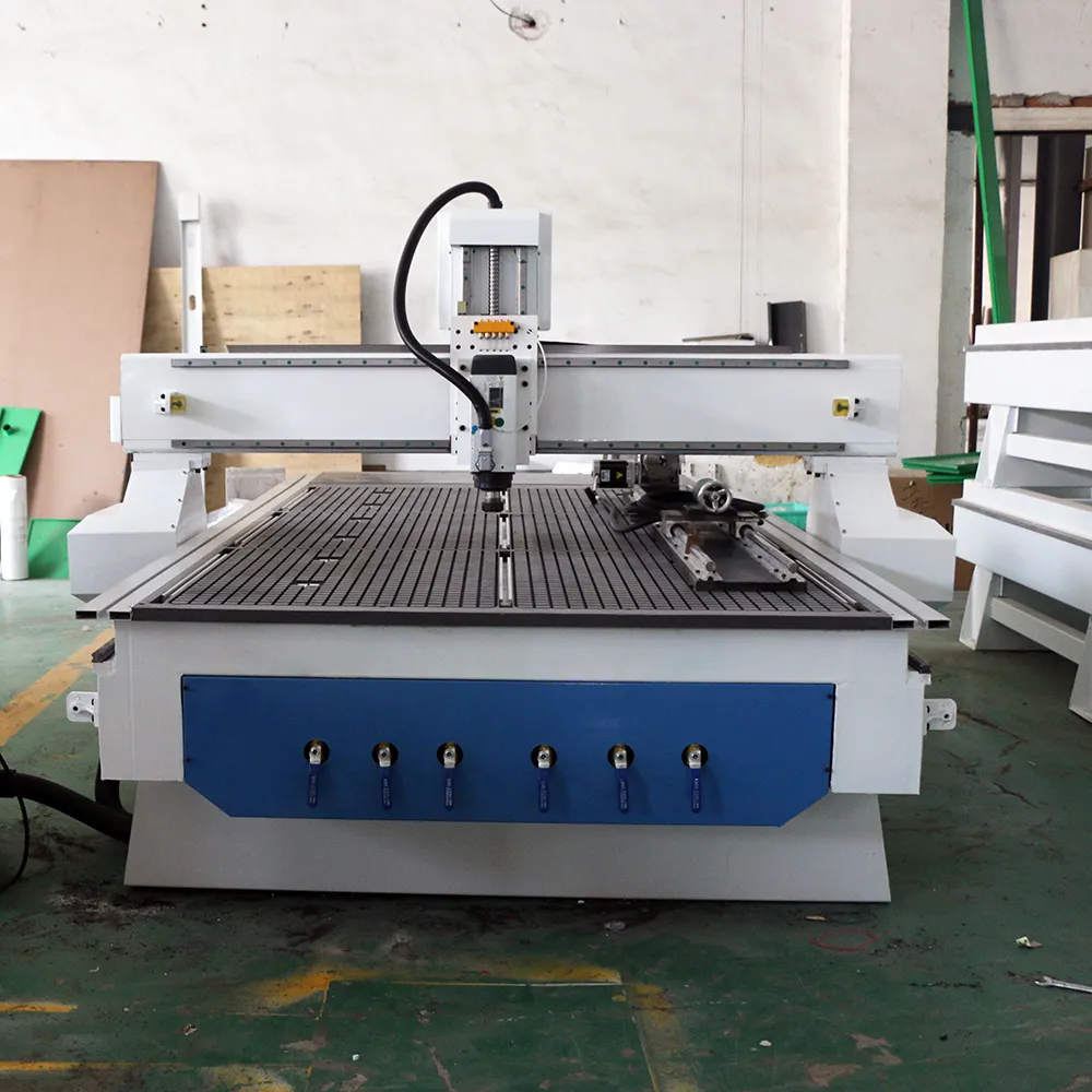 1325 Single-Head CNC Router with Rotary Axis & Vacuum+T-Slot Table 5 Front view of 1325 wood CNC machine with Italian HSD spindle, 6-zone vacuum ball valves, and mounted rotary attachment