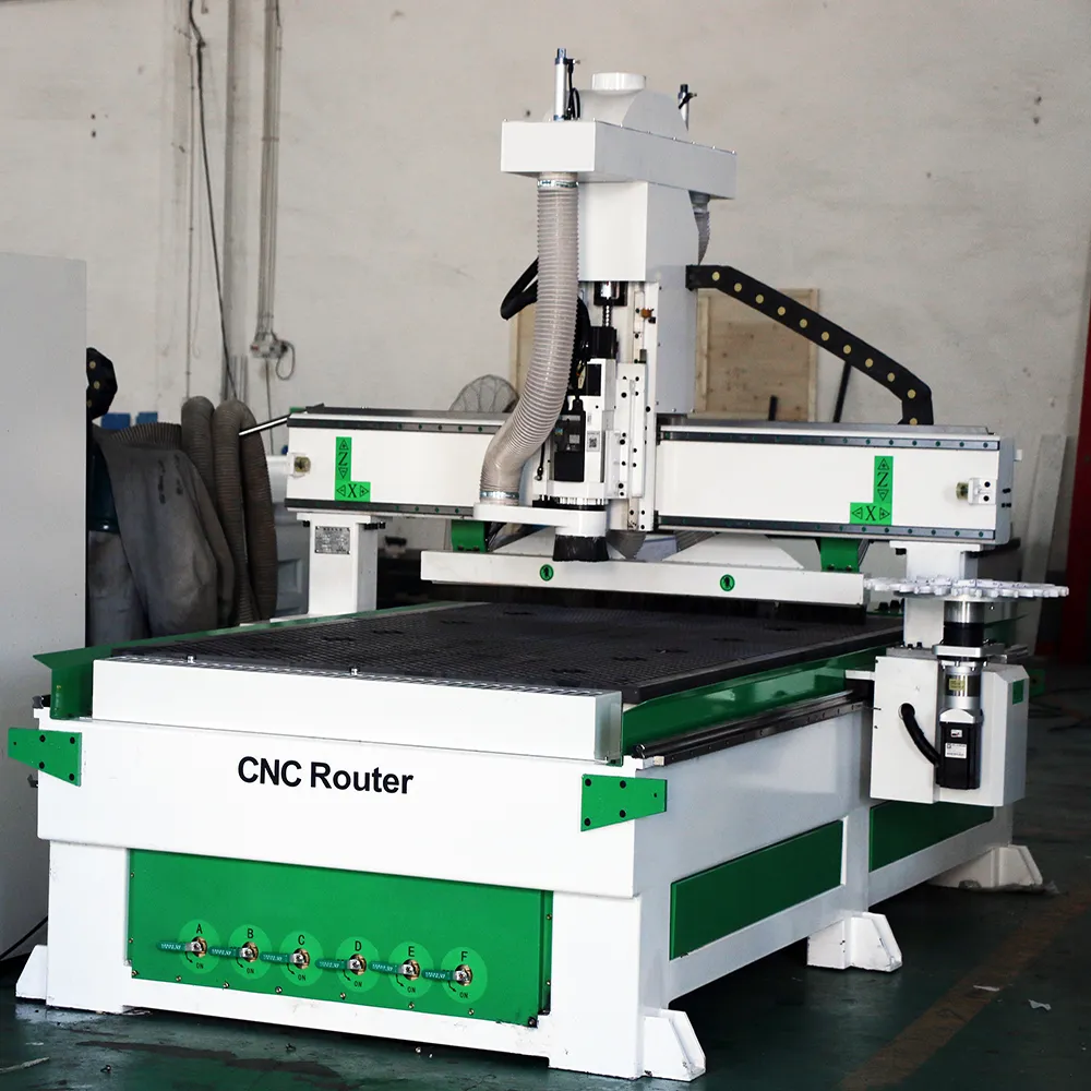 4x8 Rotary ATC CNC Machining Center for Woodworking (12-Tool Magazine) 5 Three-quarter perspective view of 1325 circular tool change CNC router highlighting rigid steel gantry and vacuum matrix table