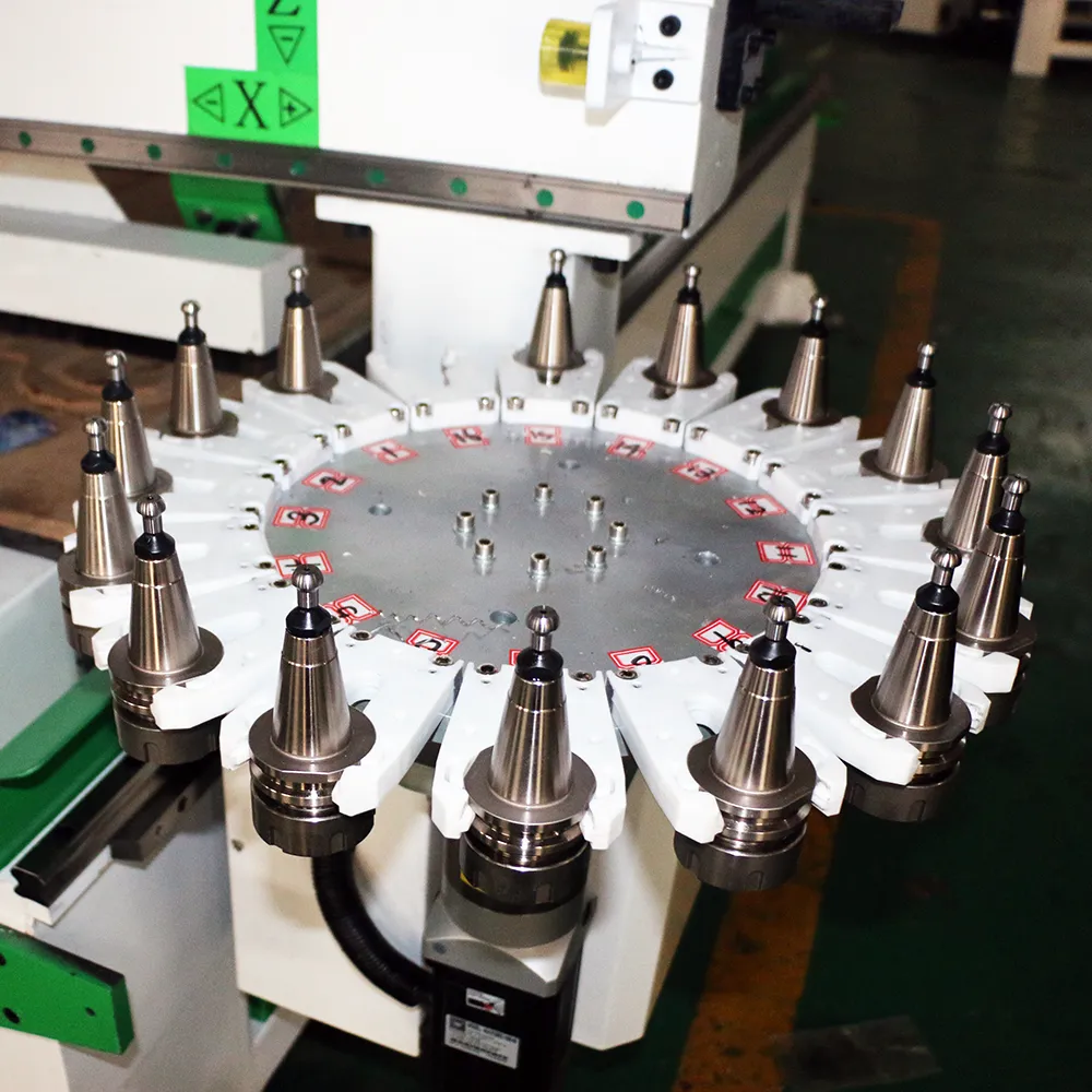 4x8 Rotary ATC CNC Machining Center for Woodworking (12-Tool Magazine) 7 Top-down closeup of 16-slot carousel ATC rotary tool magazine with numbered ISO30 tool holders on CNC router
