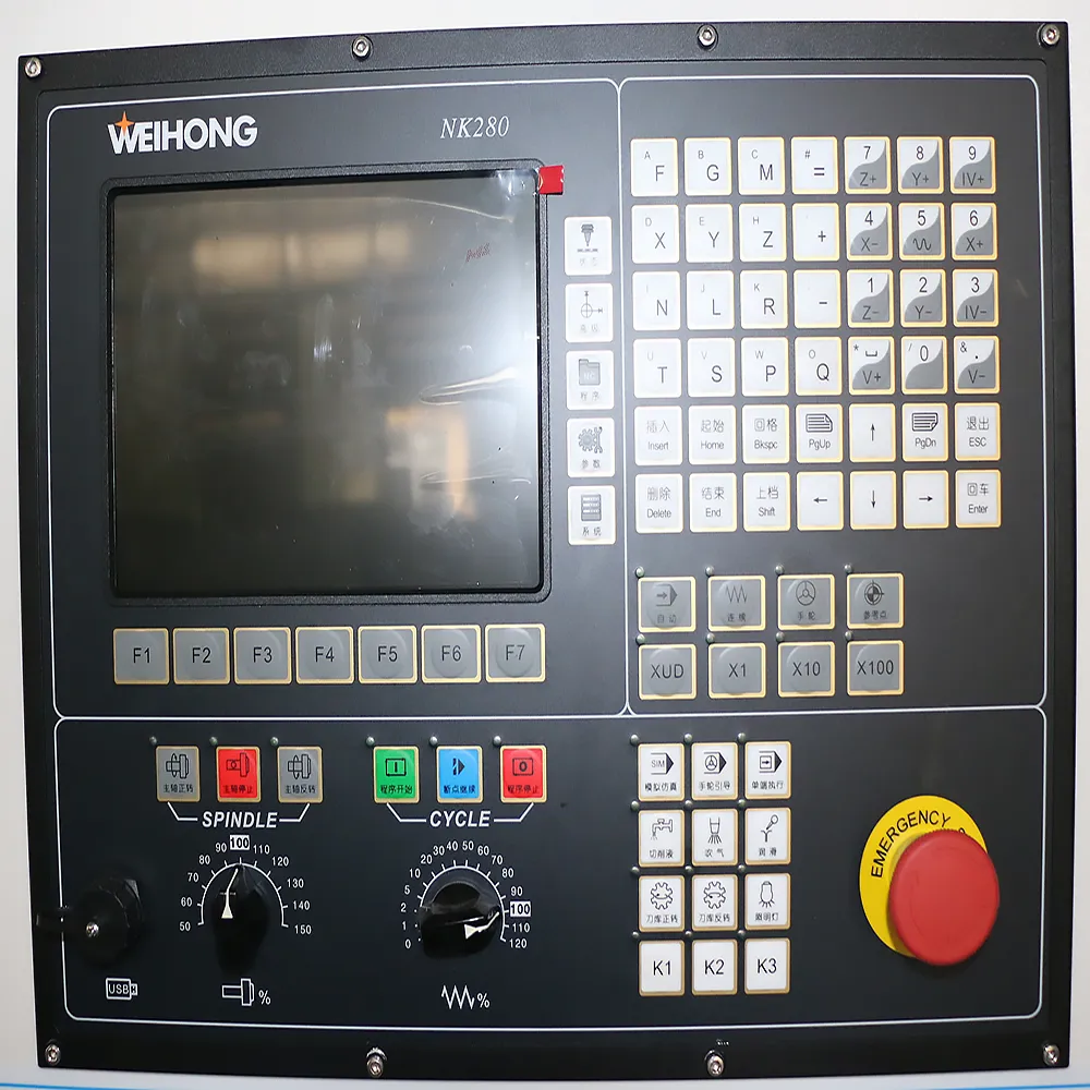 4x8 Rotary ATC CNC Machining Center for Woodworking (12-Tool Magazine) 11 Weihong NK280 industrial CNC control system panel with color screen, override knobs, and emergency stop button
