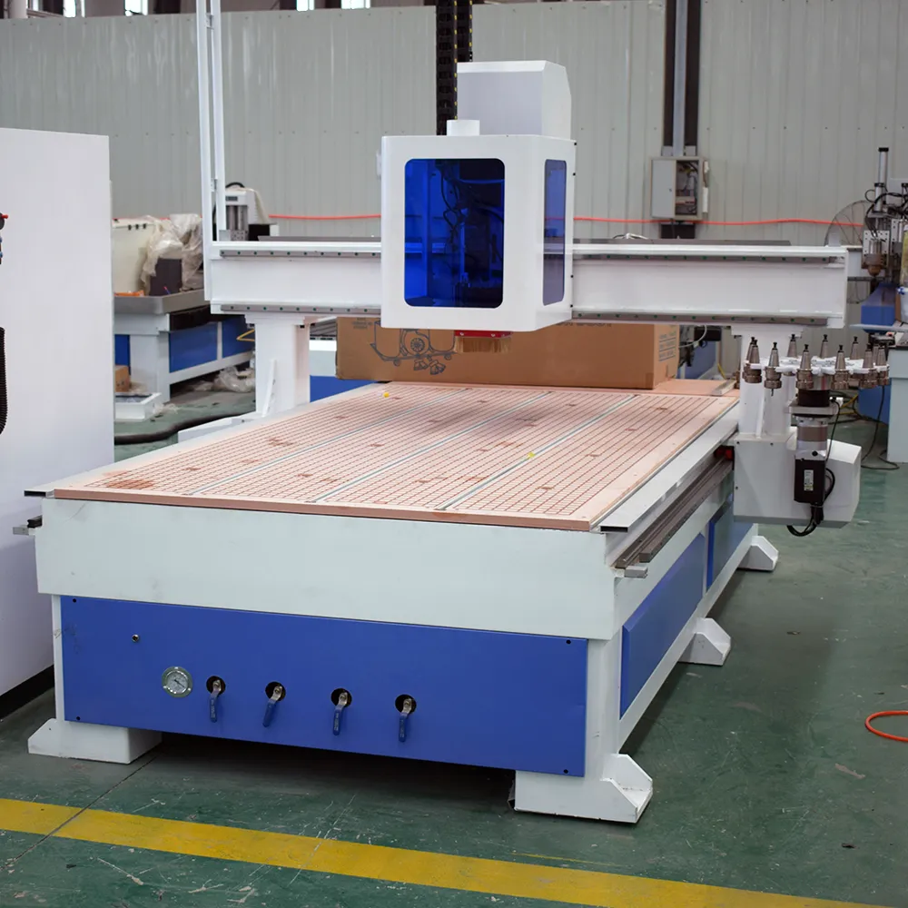 Profitable 4x8 Carousel ATC CNC Router with Dust Cover 3 YIHAICNC 1325 carousel ATC CNC router featuring enclosed spindle safety cover with blue window and 12-tool magazine