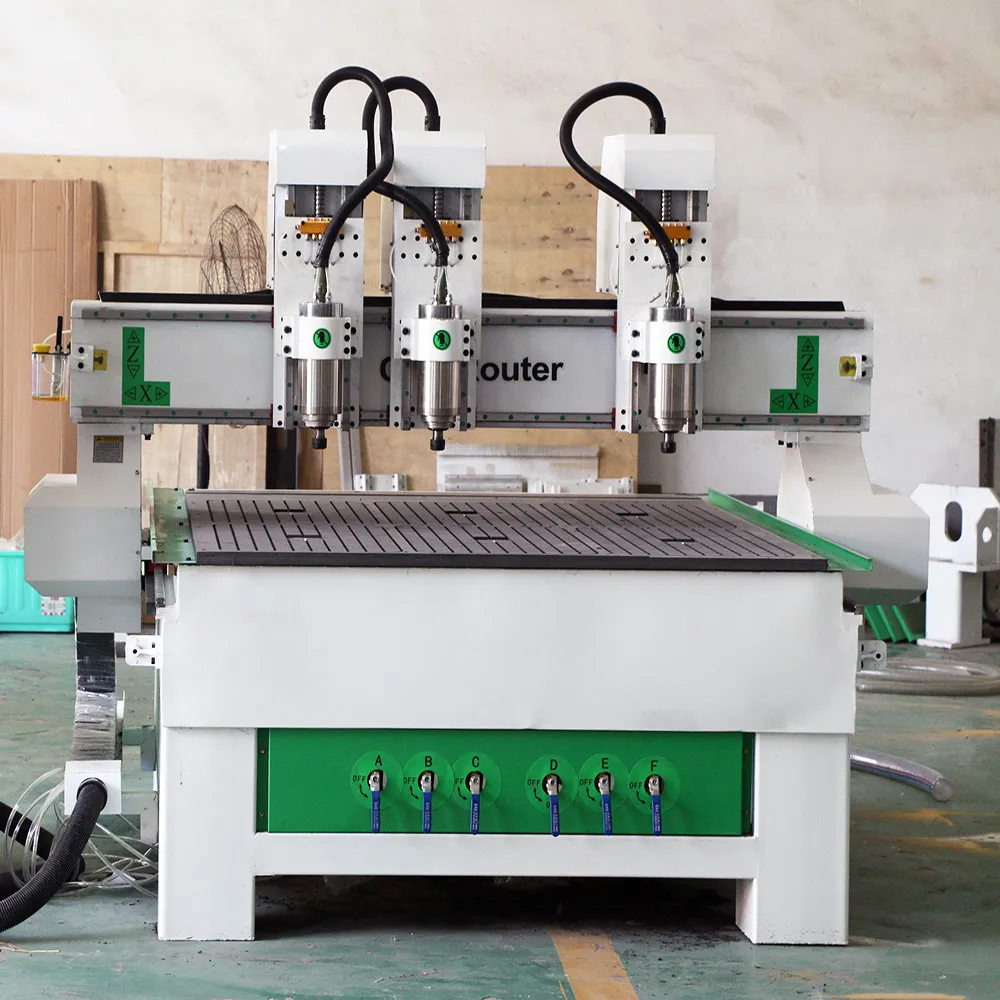 4x4 Three Head CNC Router with Independent Z-Axis for Mass Production 3 Front view of YIHAICNC 4x4 three-head CNC router featuring 3 independent water-cooled spindles and vacuum bed