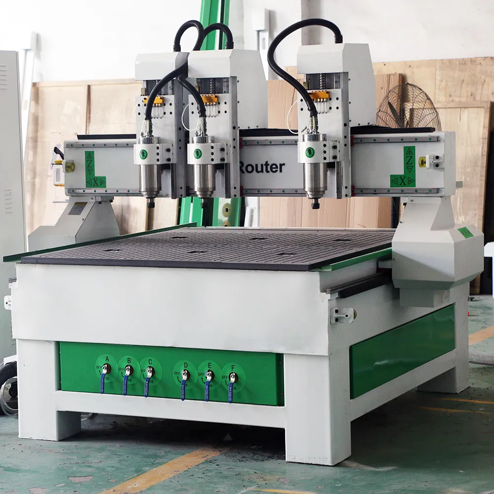 4x4 Three Head CNC Router with Independent Z-Axis for Mass Production 5 Three-quarter view of 1212 three-spindle CNC carving machine showing rigid gantry and front vacuum control valves