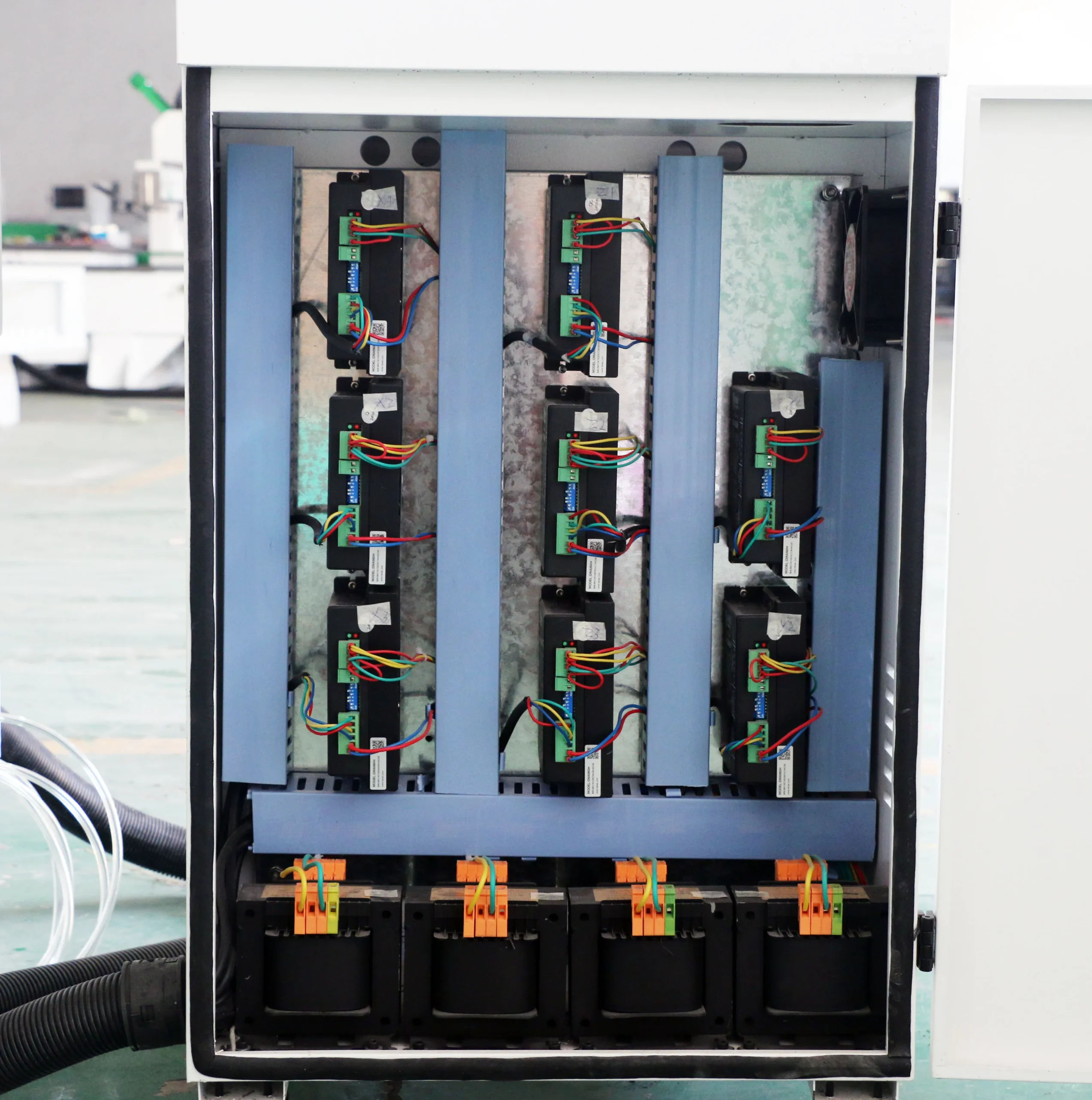 4x4 Three Head CNC Router with Independent Z-Axis for Mass Production 9 Internal electrical cabinet bay featuring multi-axis microstep drivers and 4 heavy pure copper transformers
