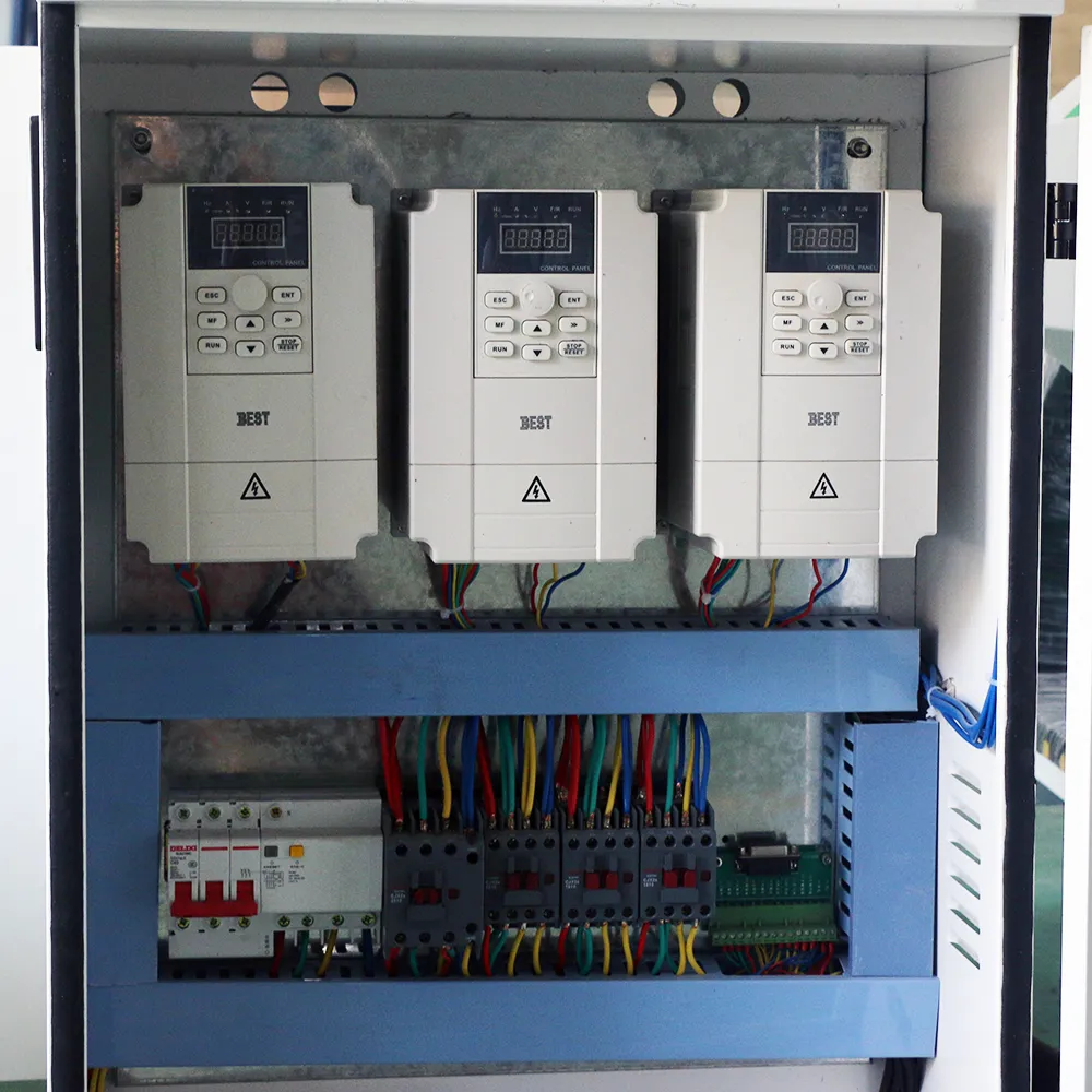 4x4 Three Head CNC Router with Independent Z-Axis for Mass Production 11 Cabinet upper rack housing 3 BEST frequency inverters for independent spindle control and Delixi AC contactors