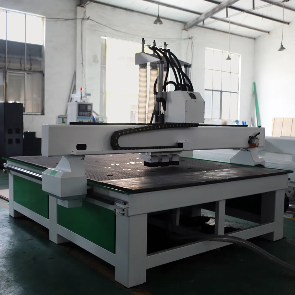 Industrial 8x8 Three-Head CNC Wood Carving Machine With Independent Z-Axis 5 Three-quarter perspective of 2325 wood CNC router showing heavy-duty wide-span gantry and phenolic vacuum table