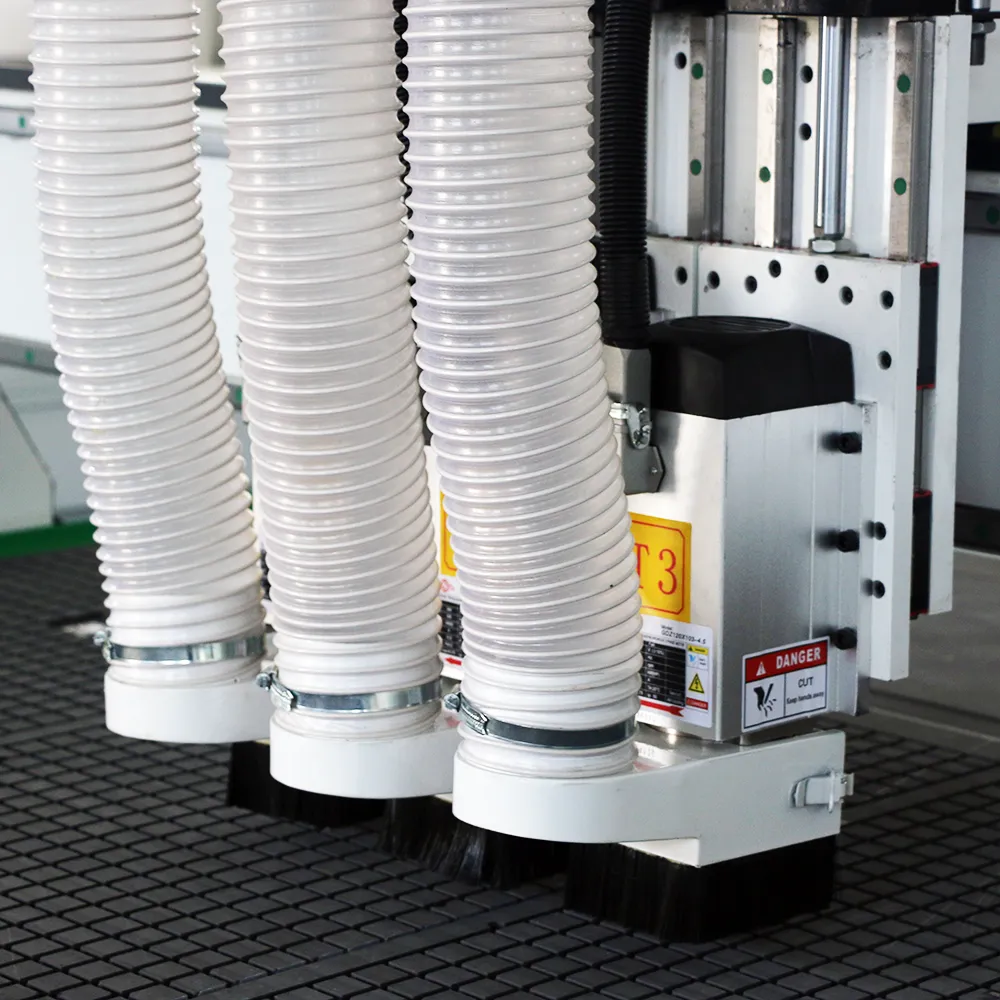 Industrial 8x8 Three-Head CNC Wood Carving Machine With Independent Z-Axis 7 Three high-torque air-cooled spindles (T1, T2, T3) with pneumatic stroke cylinders and individual dust hoods