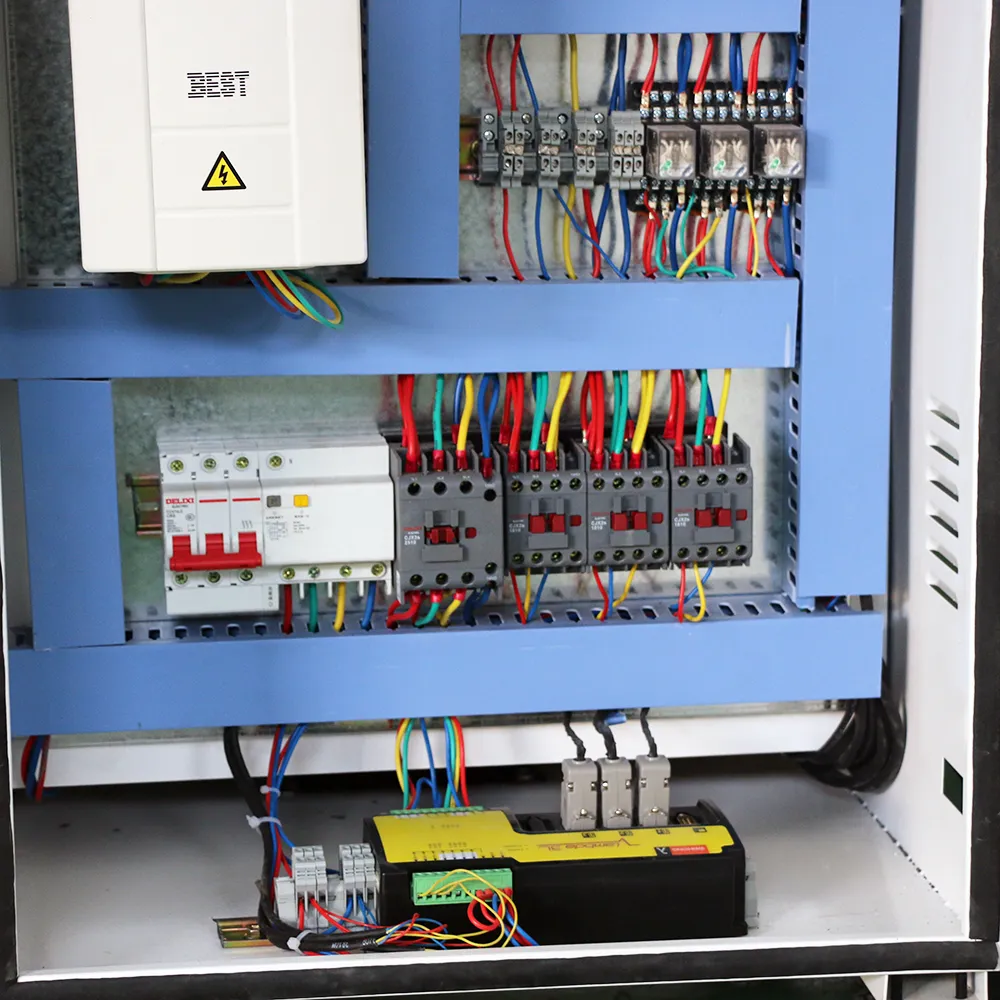 Industrial 8x8 Three-Head CNC Wood Carving Machine With Independent Z-Axis 9 Electrical enclosure featuring high-power BEST spindle inverter, Delixi circuit breaker, and 4 industrial contactors