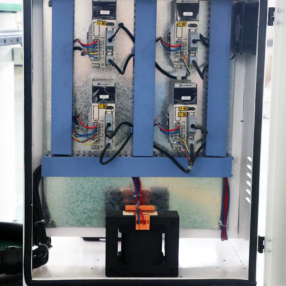 Industrial 8x8 Three-Head CNC Wood Carving Machine With Independent Z-Axis 11 Four Leadshine H2-758 closed-loop servo drives with dual Y-axis configuration and pure copper transformer in CNC cabinet