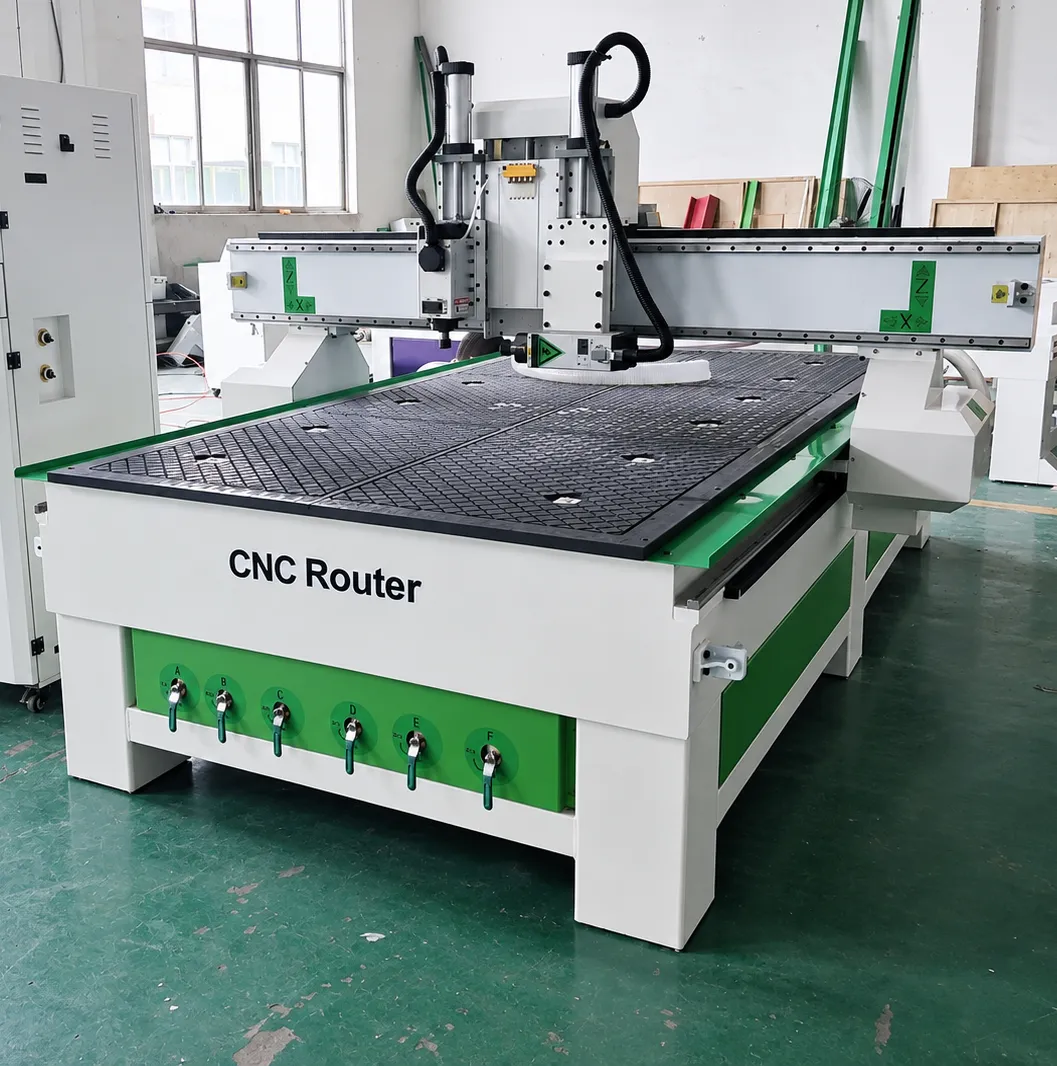 Industrial 4x8 CNC Router With Side Drilling Spindle For Cabinet Making 5 Three-quarter view of 1325 wood CNC machine showing side drilling spindle and 6 manual vacuum valves