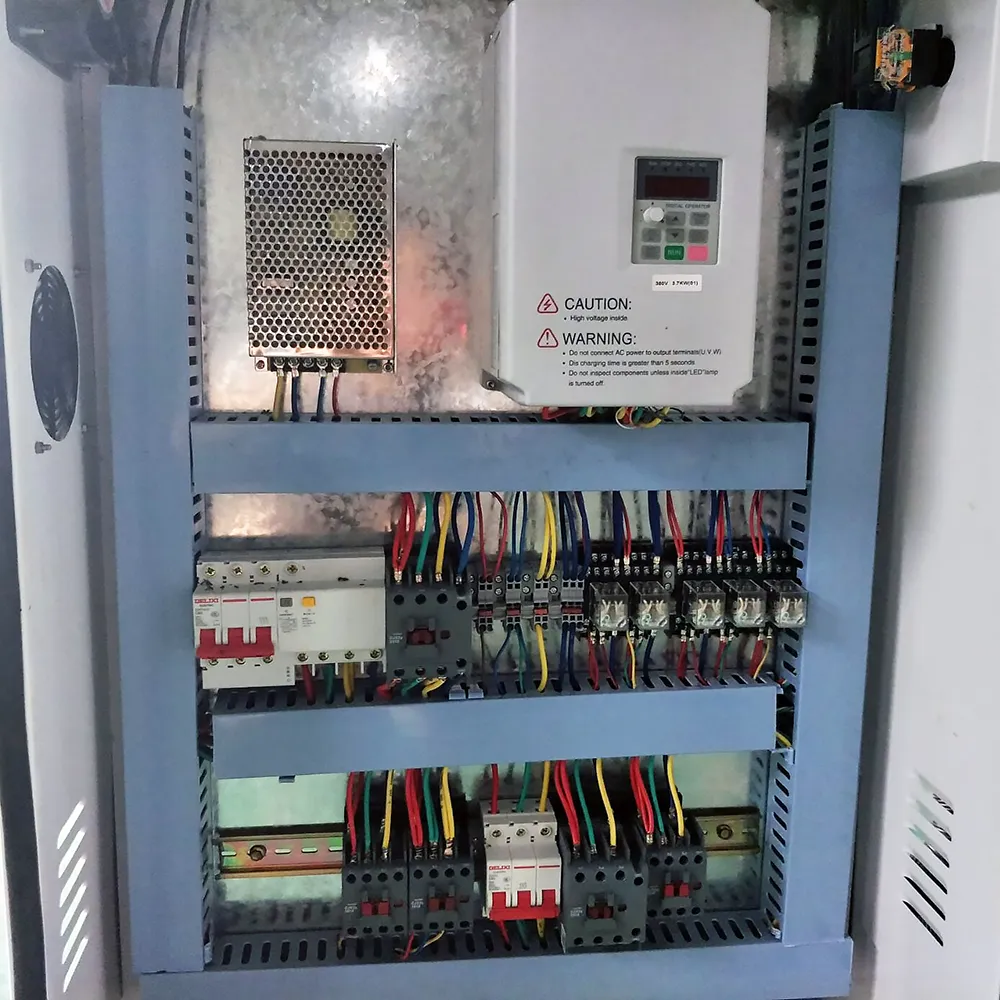 Industrial 4x8 CNC Router With Side Drilling Spindle For Cabinet Making 11 Upper electrical enclosure with high-power frequency inverter, Delixi breakers, and intermediate relays