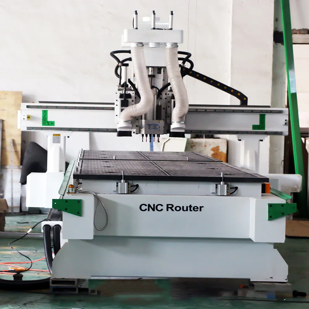 4x 16 Three Process CNC Nesting Machine With Drill Bank For Cabinet Production 5 Direct front view of 1350 CNC router with vertical drill bank, twin spindles, and SYNTEC 6MA operator console