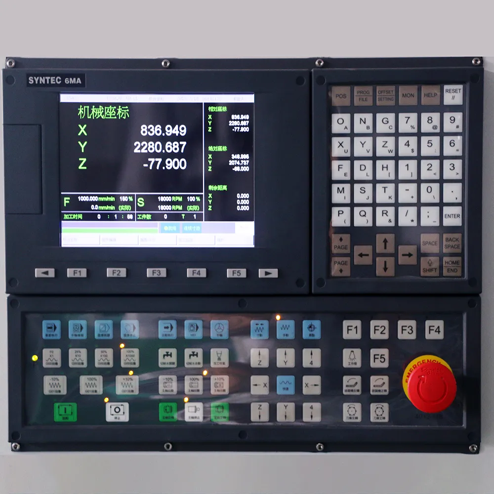 4x 16 Three Process CNC Nesting Machine With Drill Bank For Cabinet Production 9 Taiwan SYNTEC 6MA industrial CNC control panel displaying machine coordinates, feedrate override, and tactile keypad