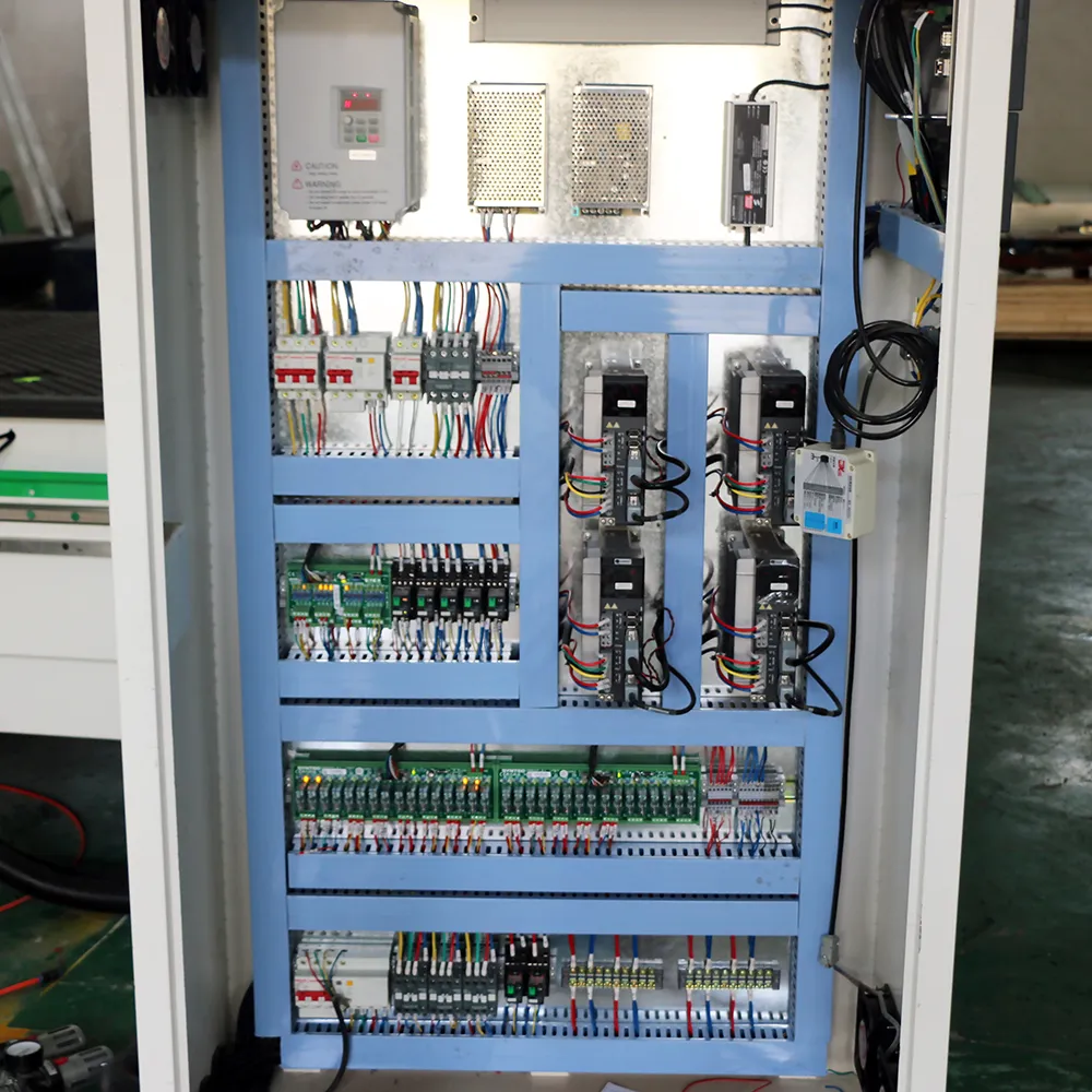 4x 16 Three Process CNC Nesting Machine With Drill Bank For Cabinet Production 11 Full view of industrial CNC electrical cabinet featuring 4 Leadshine AC servo drives, inverter, and Delixi breakers