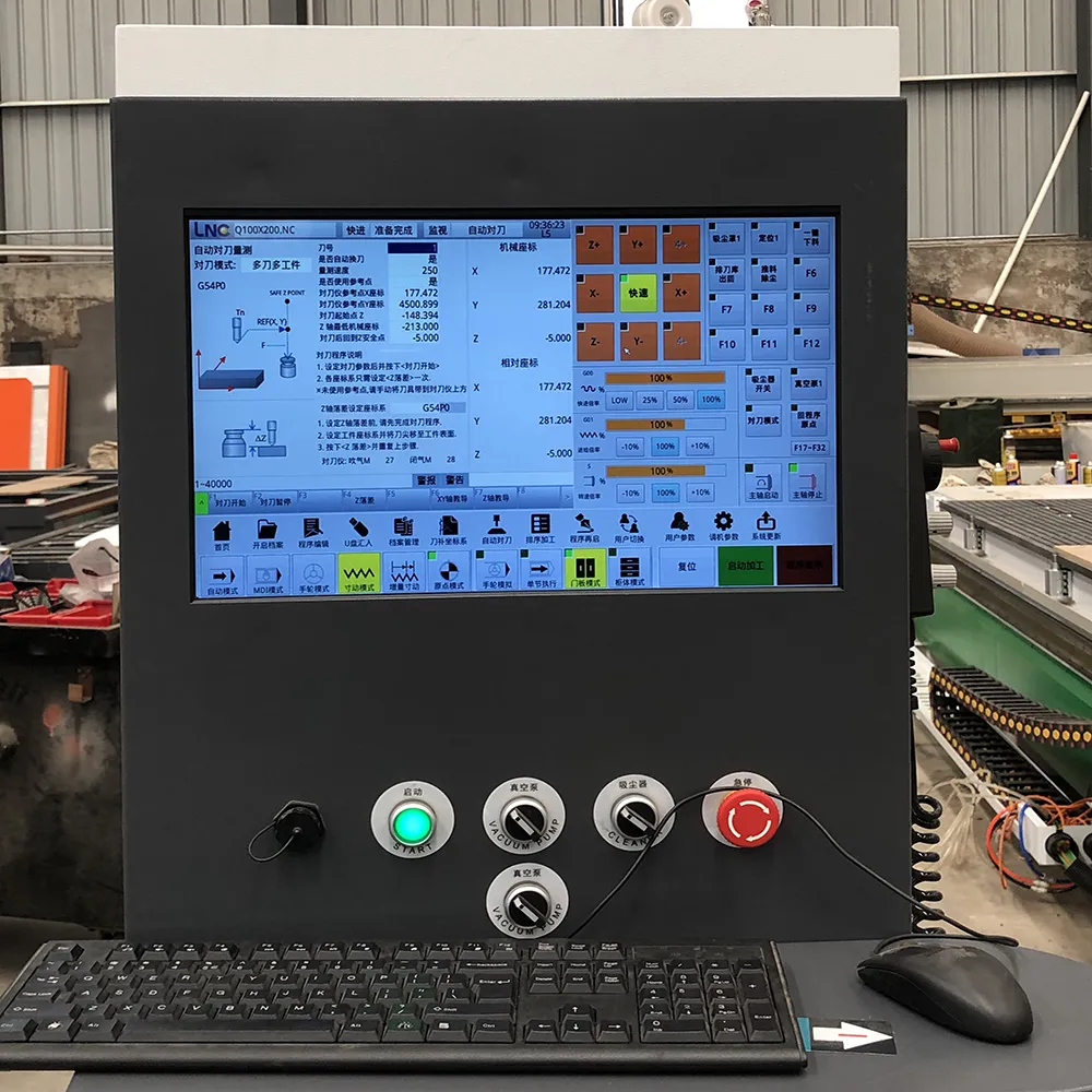 5x10 Linear ATC CNC Router With 12 Tools For Large Panel Processing 11 Taiwan LNC industrial CNC controller screen displaying auto tool setting coordinates, override knobs, and pushbuttons