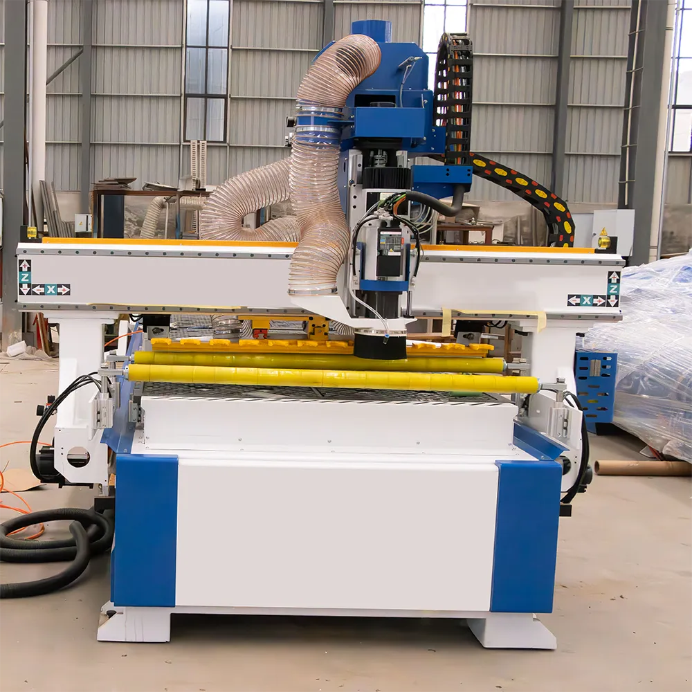 Automatic 7x20 CNC Router With Auto Loader & 12-Tool ATC For Mass Production 5 Direct front view of 2060 CNC router gantry showing dual pneumatic polyurethane press rollers and 9KW ATC spindle