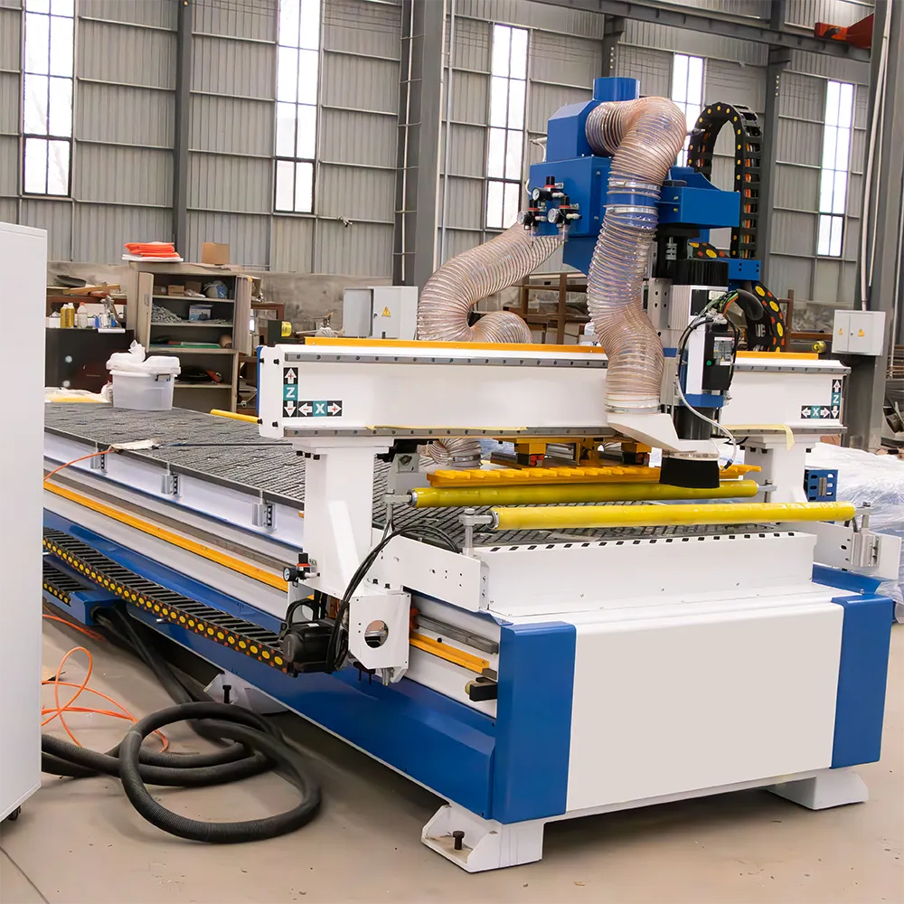 Automatic 7x20 CNC Router With Auto Loader & 12-Tool ATC For Mass Production 7 Side-front perspective showing 6000mm bed length for A/B dual-station cycling and standalone operator console