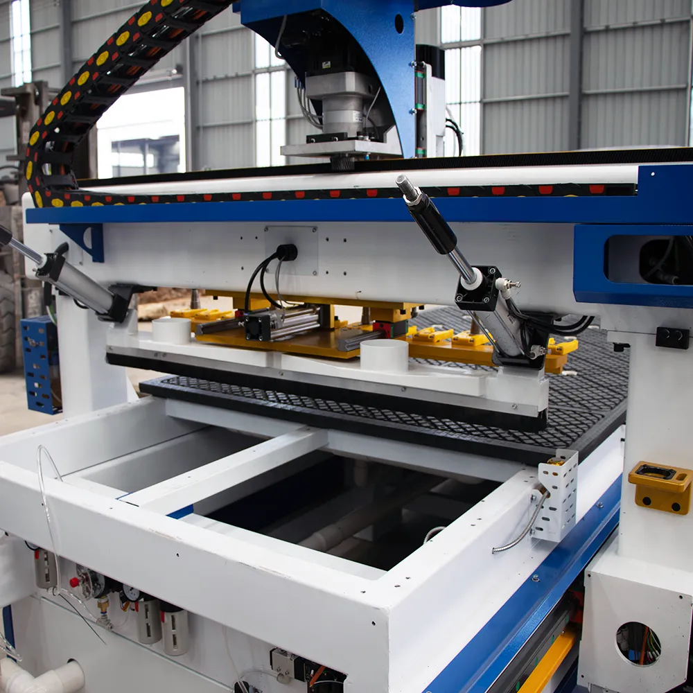 Automatic 7x20 CNC Router With Auto Loader & 12-Tool ATC For Mass Production 11 Rear gantry view showing pneumatic cylinder-driven panel pusher and dust extraction sweeper for automatic unloading